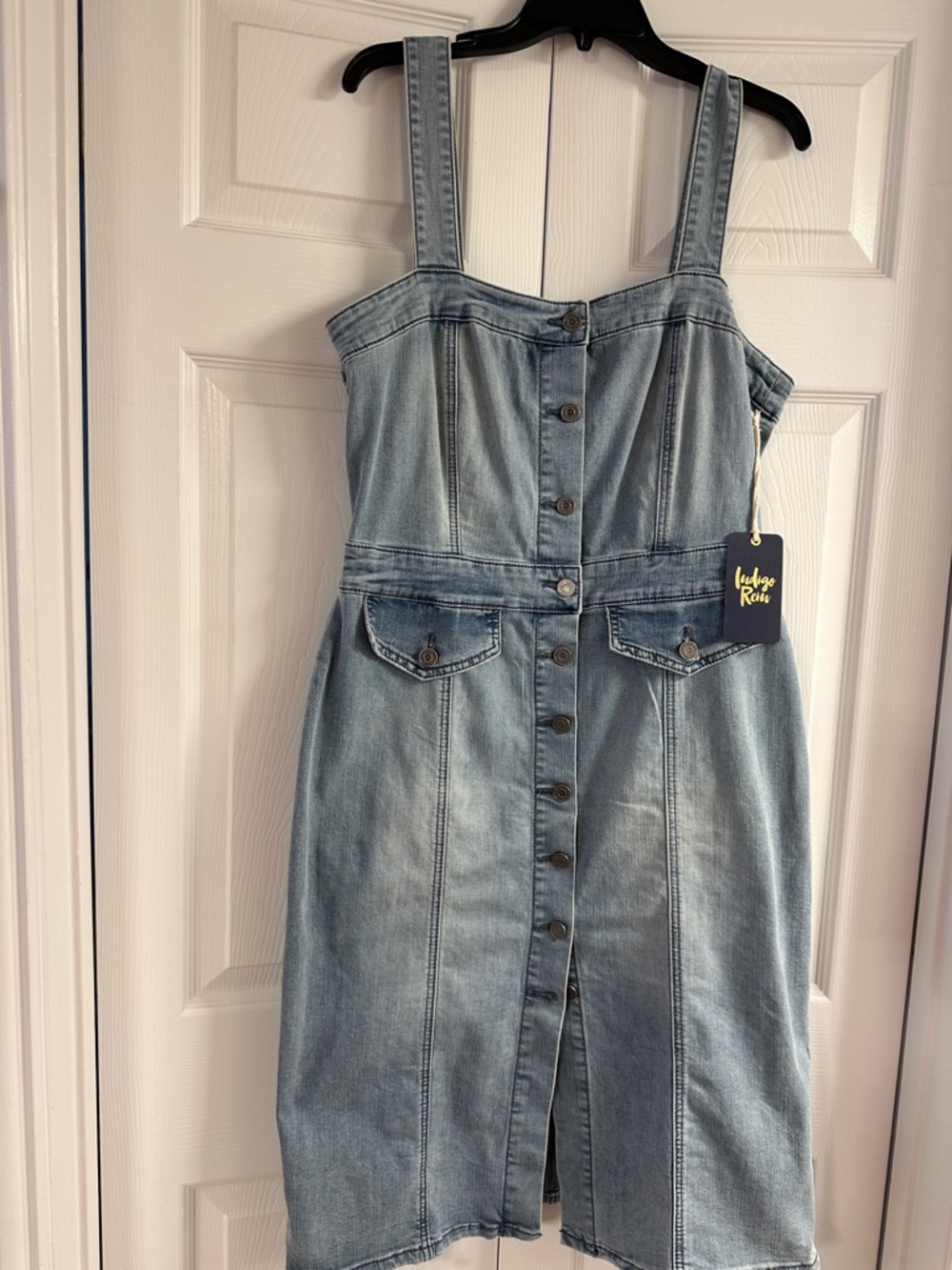 Indigo Rein  Denim Stretchy Midi Dress with adjustable straps